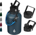BJPKPK Insulated Water Bottles with Straw Lid, 50oz Large Water Jug, Stainless Steel Vacuum Bottles, Hot & Cold Thermo with 3 Lids and Paracord Handle,Navy Blue