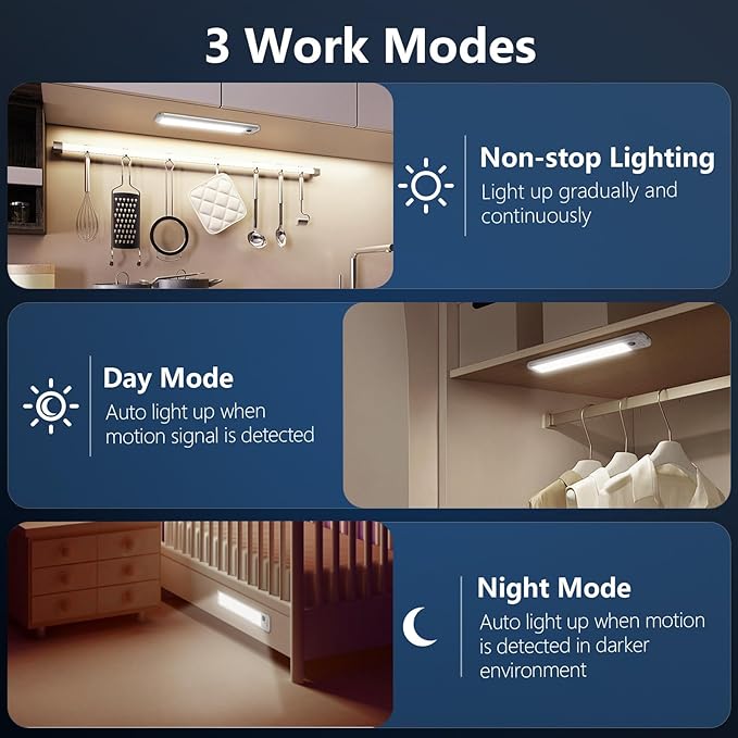 RUIKORING Under Cabinet Lighting, 3 Colors, Motion Sensor Light Indoor, LED Rechargeable Closet Lights Battery Operated, Dimmable Night, Stick-On Magnetic Cabinet Lights for Kitchen Stairs Hallway