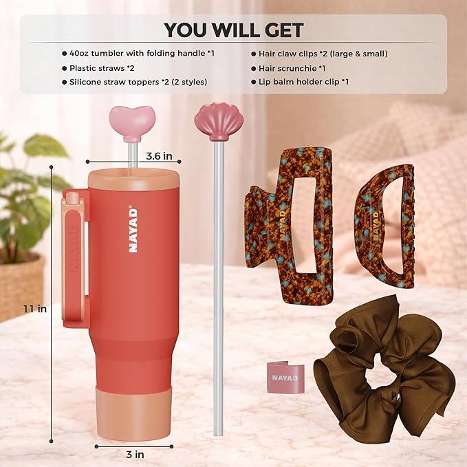 NAYAD 40oz Travel Tumbler with Handle and Straw|Cup Holder Friendly Insulated Stainless Steel Dual Straw-Sip Lid Folding Handle Cupholder Compatible for Travel or Gift| BPA-Free(Orange)