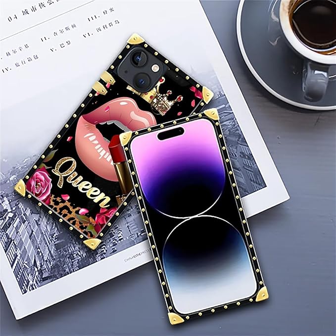 Compatible with iPhone 14 Case, Glitter Red Rose Queen Leopard Lipstick Luxury Golden Decoration for Girl Women Soft TPU Shockproof Protective Hard PC Back for iPhone 14