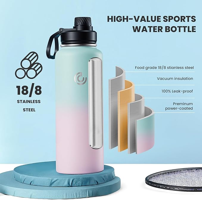 Sports Water Bottle 40oz, Insulated Water Bottle with Handle,Stainless Steel,Simple Modern,Suitable for Travel, School, Boy, Girl(Bubble Gum)