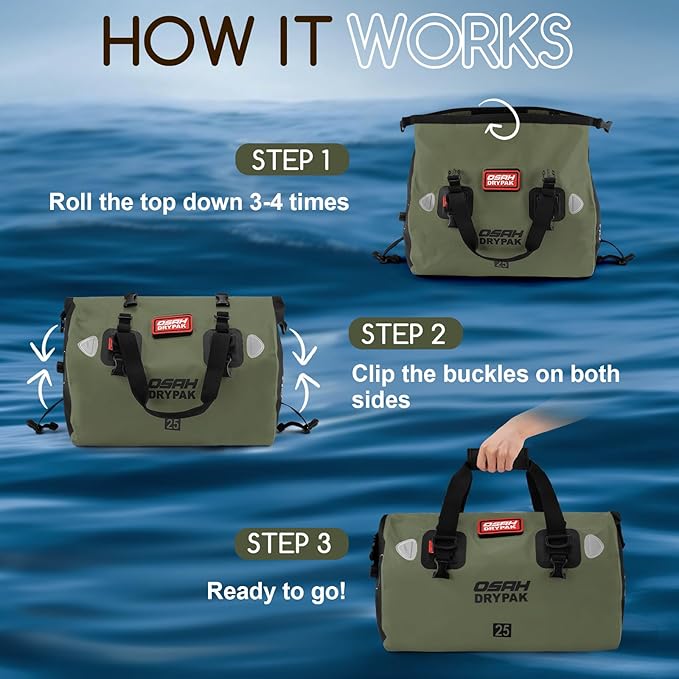 OSAH DRYPAK Waterproof Duffel Bag - Motorcycle Dry Bag Tail Bag with Large Storage Space, Waterproof Luggage Duffle Bags with Outer Mesh Zipper Pocket for Camping, Kayaking, Fishing & Traveling