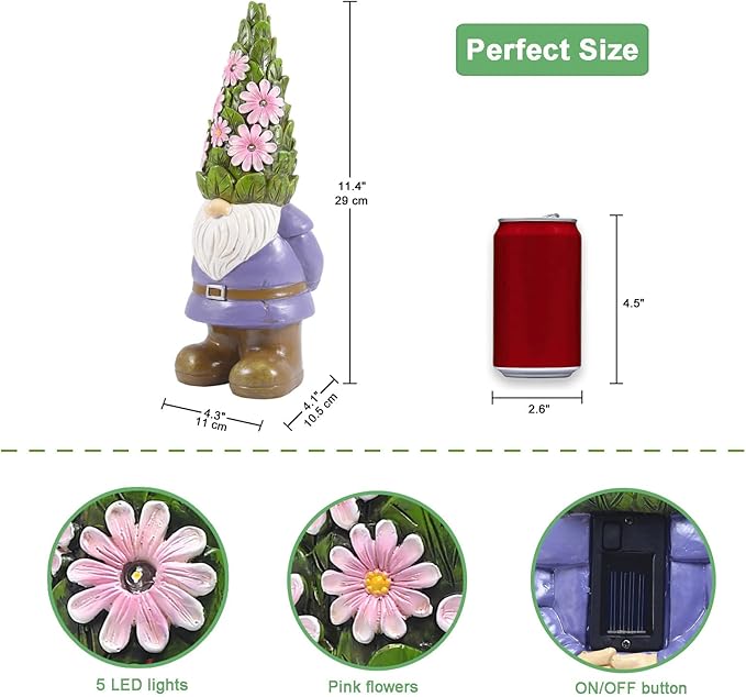 Nacome Solar Garden Outdoor Statues Gnome with Succulent and 7 LED Lights - Lawn Decor for Patio, Balcony, Yard Ornament for Mom Grandma Women