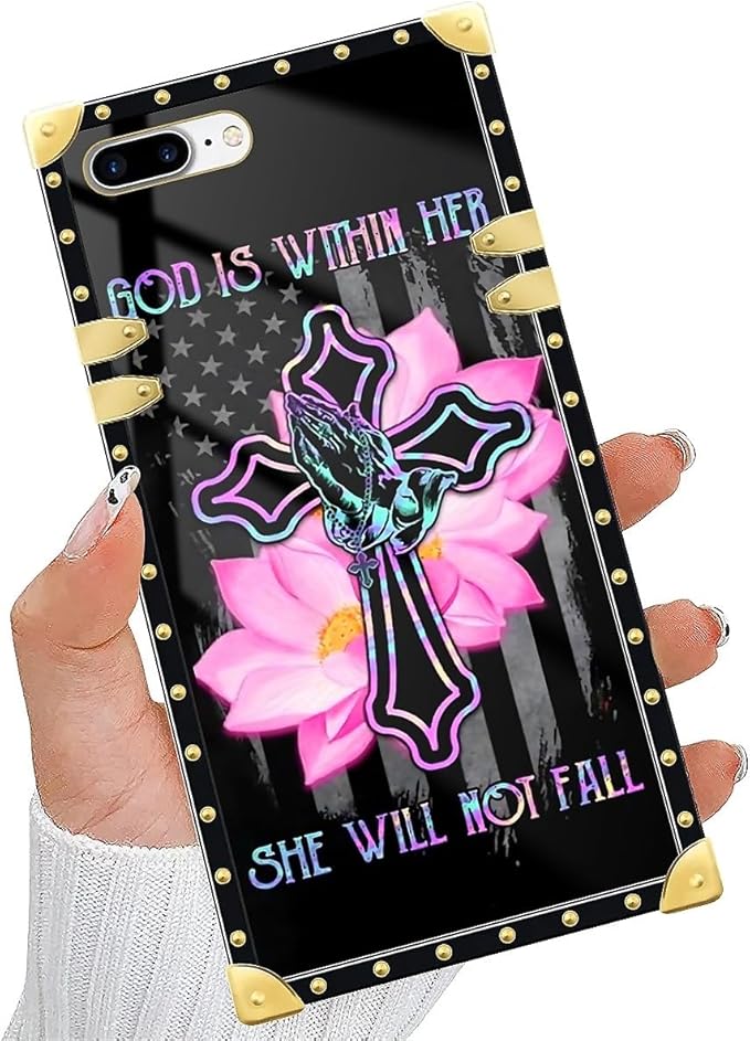 Compatible with iPhone 8 Plus 7 Plus Case, Praying Cross Hands Luxury Golden Decoration for Girl Women Soft TPU Shockproof Protective Hard PC Back for iPhone 8 Plus 7 Plus