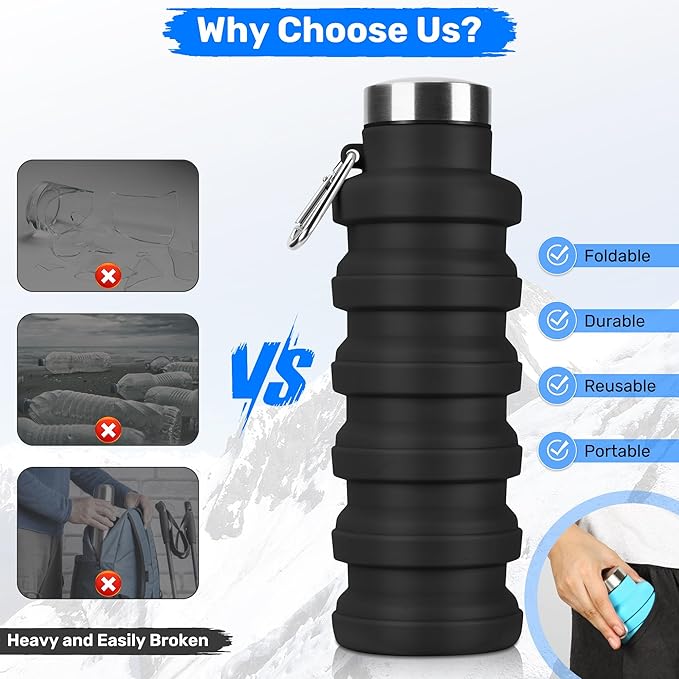 Collapsible Water Bottle, 16oz Portable Reusable Silicone Water Bottle, BPA-Free Leak-Proof Foldable Design with Carabiner, Lightweight Durable for Gym, Travel, Camping, Hiking, Sports(Gray+Blue)
