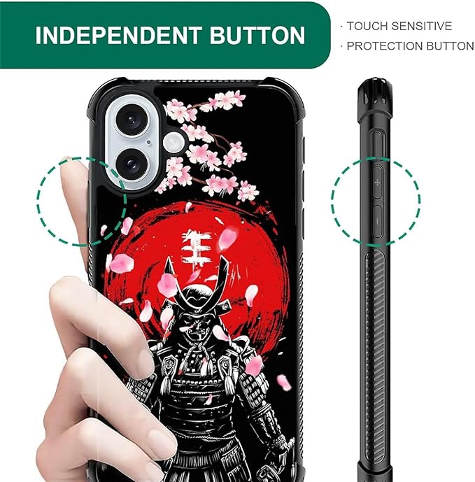 for iPhone 16 Plus Case, Sakura Japanese Samurai Pattern Graphic Design Girl Boy Soft Silicone Hard Acrylic Shock Protection for iPhone 16 Plus