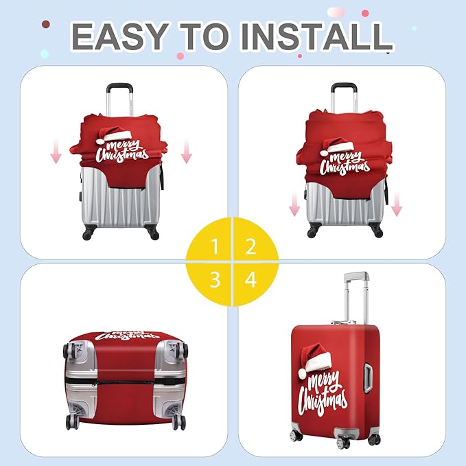 ANNA QUEEN Merry Christmas Luggage Cover, Santa Hat Holiday Design Suitcase Protector, Stretchable Washable Travel Sleeve for 24-26 Inch Luggage