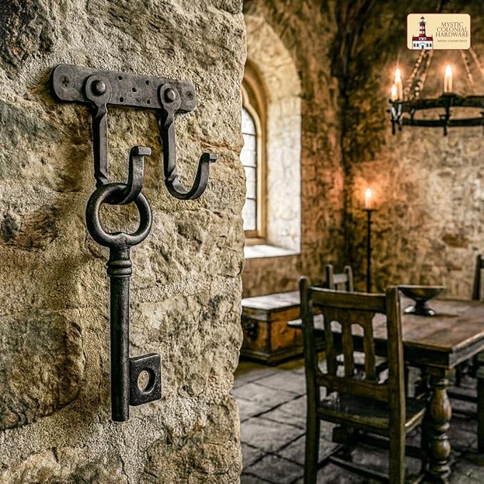 "Mystic Colonial Medieval Hand-Forged Iron Double Wall Hooks 1 Pc | (6 in ? 4 in) Rustic Twisted Wall Hanger | Vintage Black Coating Gothic Heavy-Duty Utility Hanger for Coats, Towels, Keys & Bags"