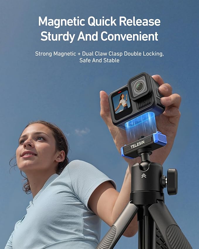 TELESIN 40cm/15.7'' Mini Selfie Stick Tripod Compatible with Gopro 13 Action Camera, Magnetic Quick Release Selfie Handle Grip,360° Adjustable Portable Extension Monopod for Go Pro Hero 13 Accessories