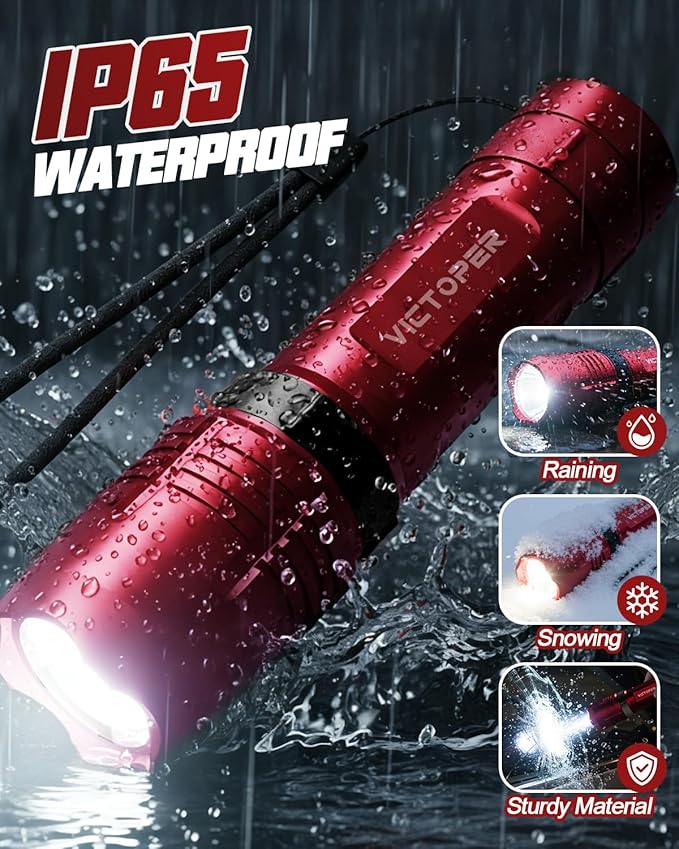 Victoper Red Rechargeabe Flashlight 2 Pack, High Lumens 5 Modes LED Bright Tactical Flashlights, Waterproof Zoomable Flash Light for Outdoor, Gifts for Camping Essentials Gear
