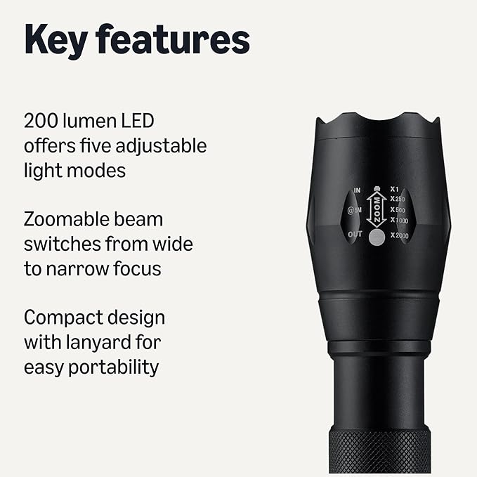 Amazon Basics Handheld LED Flashlight, 200 high Lumen flashlights Adjustable Brightness Focus, Black