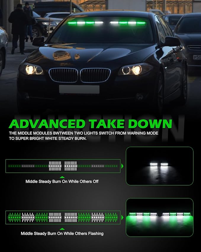 HLauto 604N Emergency Dash Strobe Lights: 2x16.8 inch Green White Security Light with/Take Down, 48 LED Safety Flashing Warning Hazard Interior Windshield Light Bar for Trucks Vehicles