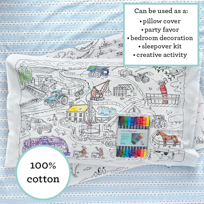 eatsleepdoodle 30x20in White Cotton Pillowcase with 10 Pack Washable Markers for Kids - Cars & Trucks Coloring Activity