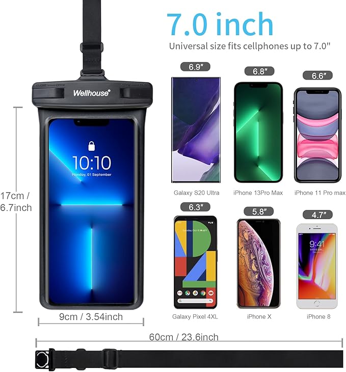 wellhouse Waterproof Phone Pouch, Waterproof Phone Case for iPhone 17 16 15 14 13 Pro Max XS Samsung, IPX8 3D Cellphone Dry Bag Beach Essentials (1 Pack - Black7.0, 7 inch)