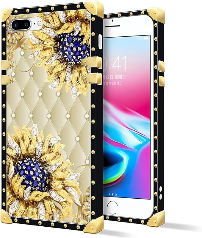Compatible with iPhone 8 Plus 7 Plus Case, Sunflower Diamonds Leather Luxury Golden Decoration for Girl Women Soft TPU Shockproof Protective Hard PC Back for iPhone 8 Plus 7 Plus