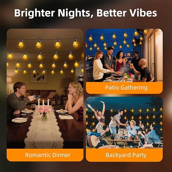 Outdoor Patio String Lights: S14 Shatterproof Bulb Outside Waterproof Light - 50Ft 15M Remote Dimmable Connectable Hanging Outdoor Electric Lighting - Garden Backyard Yard Gazebo Porch Party
