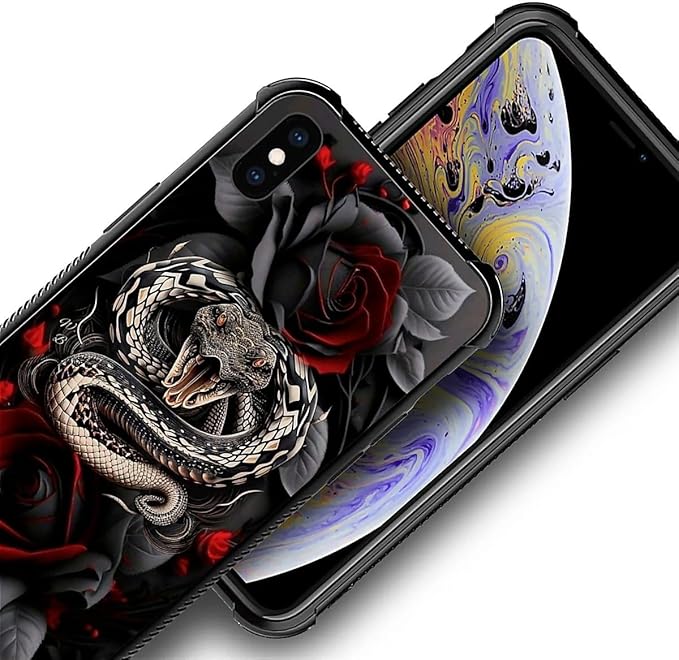 for iPhone Xs Max Case, Entwined Rose Snake Pattern Graphic Design Girl Boy Soft Silicone Hard Acrylic Shock Protection for iPhone Xs Max