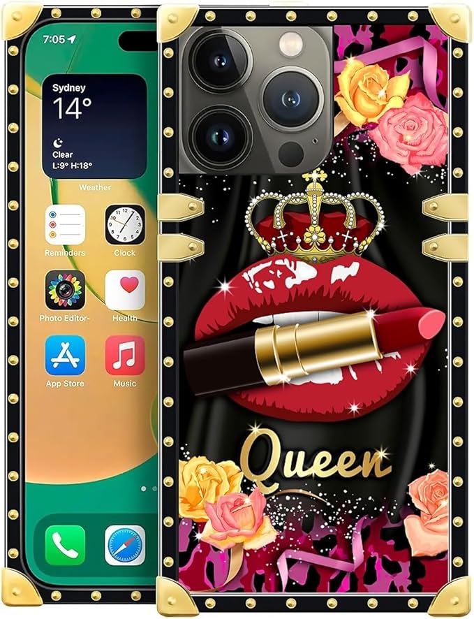 Compatible with iPhone 14 Pro Case, Queen Lip Crown Leopard Print Luxury Golden Decoration for Girl Women Soft TPU Shockproof Protective Hard PC Back for iPhone 14 Pro