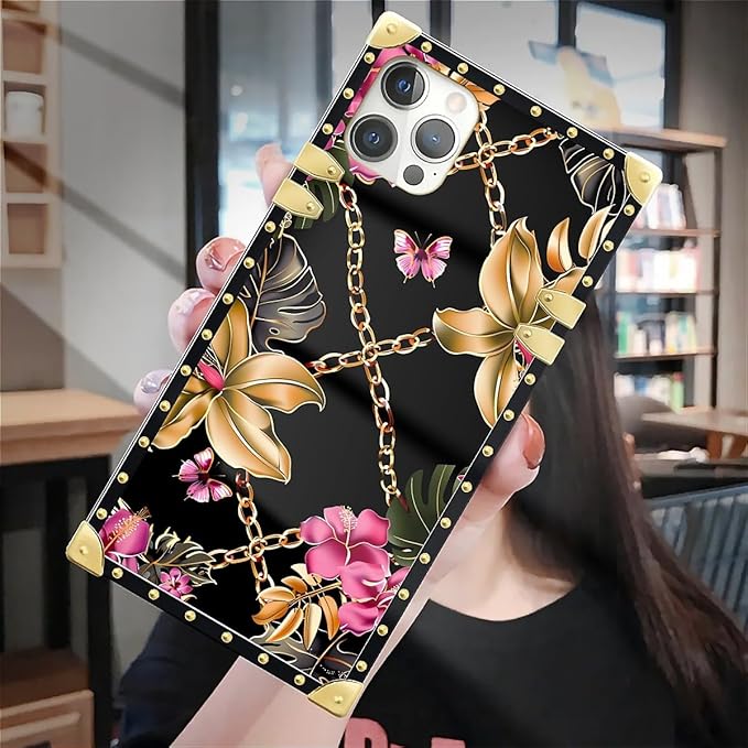 Compatible with iPhone 12 Pro Max Case, Pink Golden Chain Tropical Flower Luxury Golden Decoration for Girl Women Soft TPU Shockproof Protective Hard PC Back for iPhone 12 Pro Max