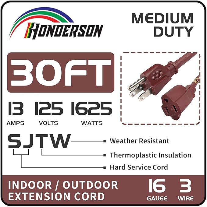 30FT Brown Outdoor Extension Cord-16/3 SJTW Durable Extension Cord for Christmas Lights with 3 Prong Grounded Plug, Great for Outside Christmas Decorations