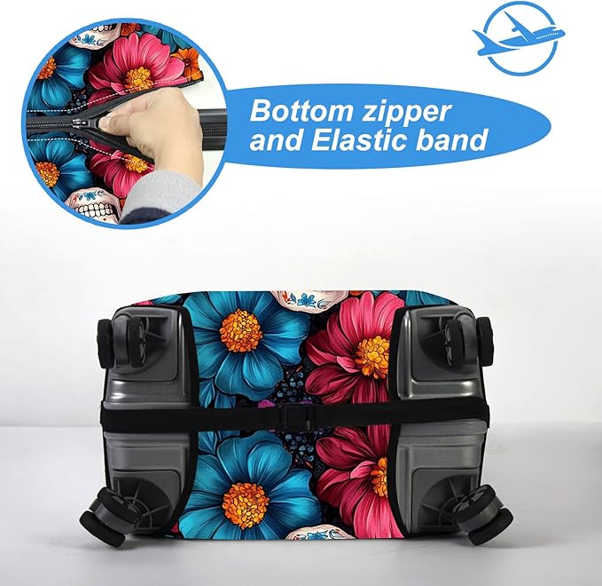 Luggage Cover Protector for 22-24 Inch Suitcases, TSA Approved Elastic Travel Suitcase Covers, Anti-Scratch Washable Luggage Sleeve for Carry On & Checked Bags, Sugar Skulls