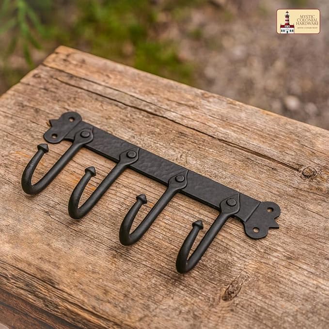 Mystic Colonial Medieval Rustic Hand-Forged Iron Wall Mounted Coat Rack (1 Pc, 4 Hooks) (5 in x 11 in) | Vintage Black Finish Heavy-Duty Utility Hanger for Coats, Towels, Keys & Bags