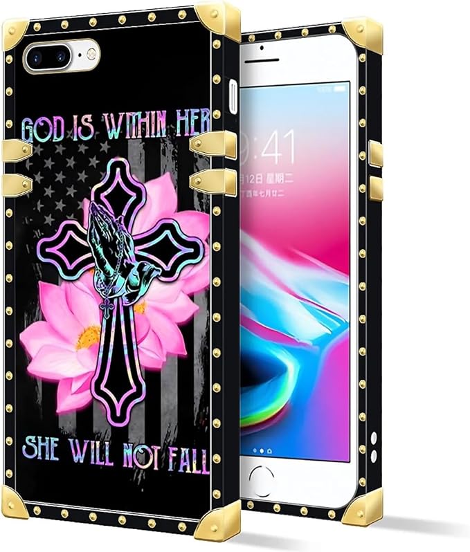 Compatible with iPhone 8 Plus 7 Plus Case, Praying Cross Hands Luxury Golden Decoration for Girl Women Soft TPU Shockproof Protective Hard PC Back for iPhone 8 Plus 7 Plus