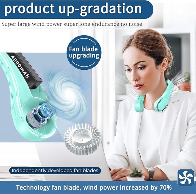 ASNUG Portable Neck Fan, Neck Fans for Women, 4000 mAh Rechargeable Personal Fan,360° Hands Free Bladeless Fan, 3 Speeds Adjustable, Faster Cooling, Super Quiet, Suitable for Home, Office, Travel