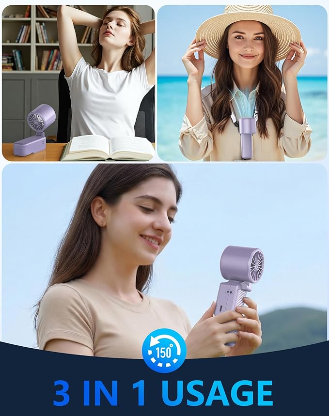 Foluu 3-in-1 Portable Cooling Fan with Active Cooling Technology, 16,000 RPM, 100-Speed Touch Control & LED Display, Type-C Fast Charge, Neck Strap & Stand – for Travel, Office, Outdoor (Purple)