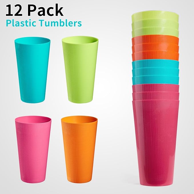 Plastic Tumblers 35-ounce Large Cups Reusable Drinking Glasses set of 12-Multicolor Unbreakable Drinkware, BPA-free, Microwave Safe