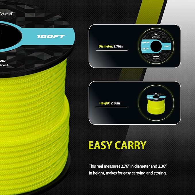 Abma Cord 2.4mm Paracord 275 100ft Nylon Rope 4 Strands Tactical Parachute Cord - Max. 275lbs - Neon Yellow