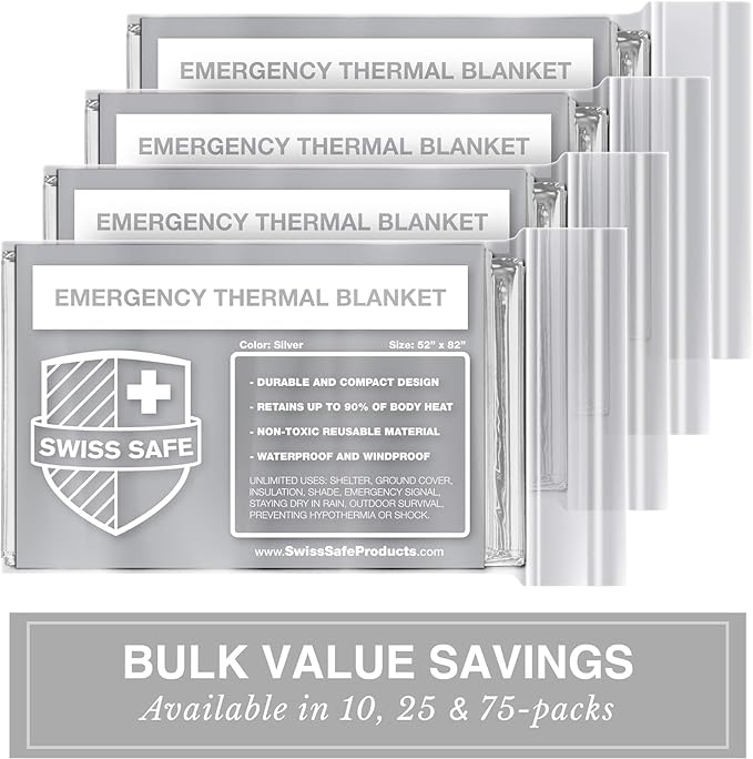 Swiss Safe XL Emergency Mylar Thermal Blankets + Bonus Space Blanket - Compact & Insulated for Cold Weather - Designed for NASA, Outdoor Camping, Survival, First Aid Car Kit - Silver, 10 Pack XL
