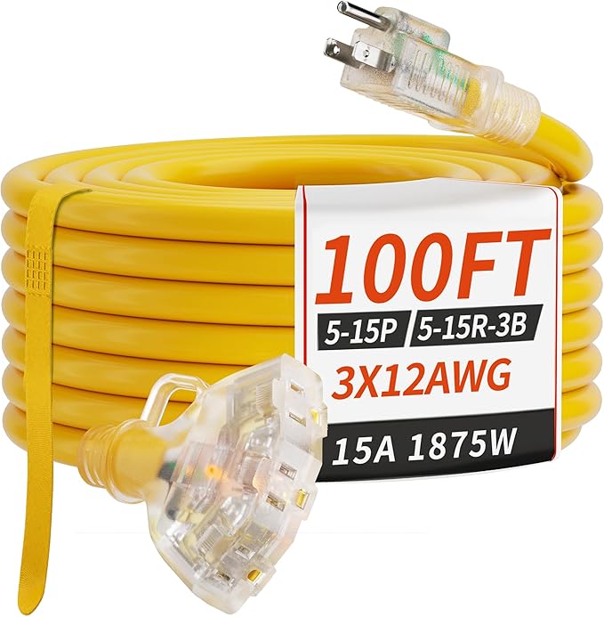 PlugSaf 100 FT 12/3 Gauge Outdoor Extension Cord with Multiple Outlets Light Indicator, Flexible 3 Outlet Weatherproof Heavy Duty Extension Cord Waterproof Yellow, 15A 1875W 12AWG SJTW, ETL Listed