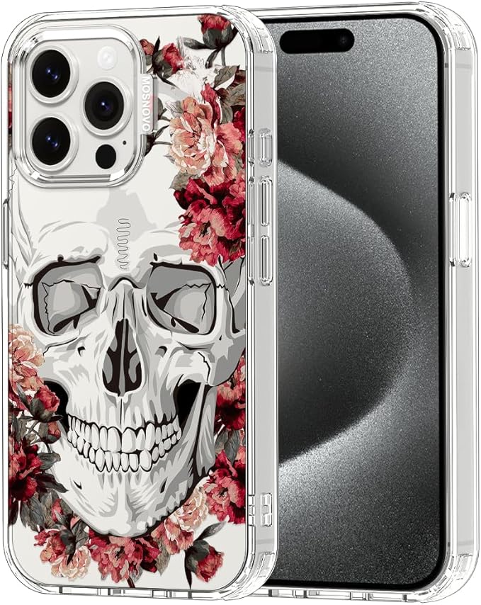 MOSNOVO Case for iPhone 15 Pro Max, [Buffertech 6.6ft Military-Grade Drop Protection] [Anti Peel Off Tech] Clear TPU Bumper Phone Case Cover Design - Red Flower Skull