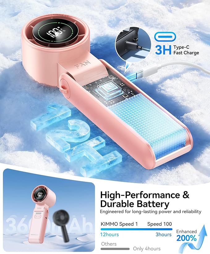 KIMMOO 2 Pack Pink Portable Handheld Turbo Fan-100 Speeds,Powerful 20000 RPM, 12Hrs Cooling, USB Rechargeable Mini Hand Held Personal Fan for Travel Makeup Outdoor Indoor