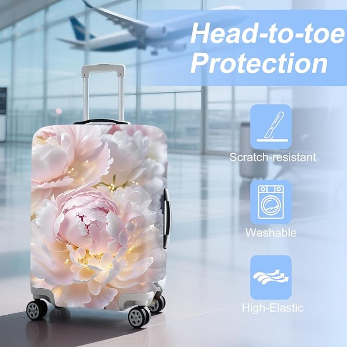 ANNA QUEEN Pink Peony Flower Luggage Cover,Stretchable Suitcase Protector Sleeve,Fit for 24-26 Inch Checked Baggage,Water Resistant & Durable Luggage Protector