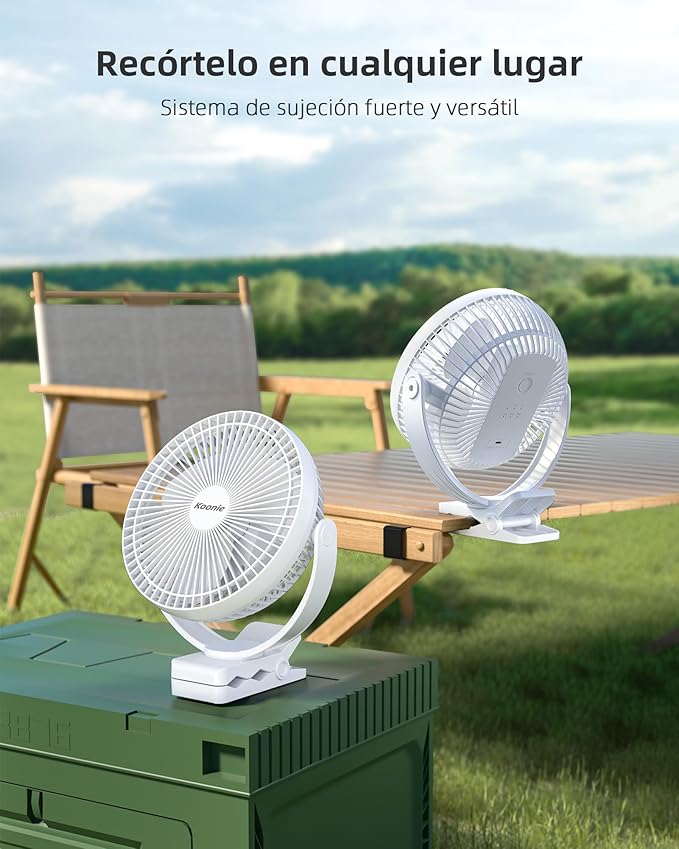 Koonie Portable Clip on Fan, 8-Inch 10000mAh USB Rechargeable Battery Operated, 4 Speeds, Strong Airflow, Sturdy Clamp for Office Desk Golf Car Outdoor Travel Camping Tent Gym Treadmill