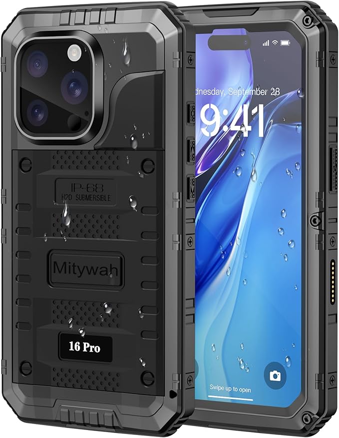 Mitywah Waterproof Case for iPhone 16 Pro, Shockproof Heavy Duty Case with Built-in Screen Protector, Underwater Full Body Protective Metal Case 6.3 inch, Black