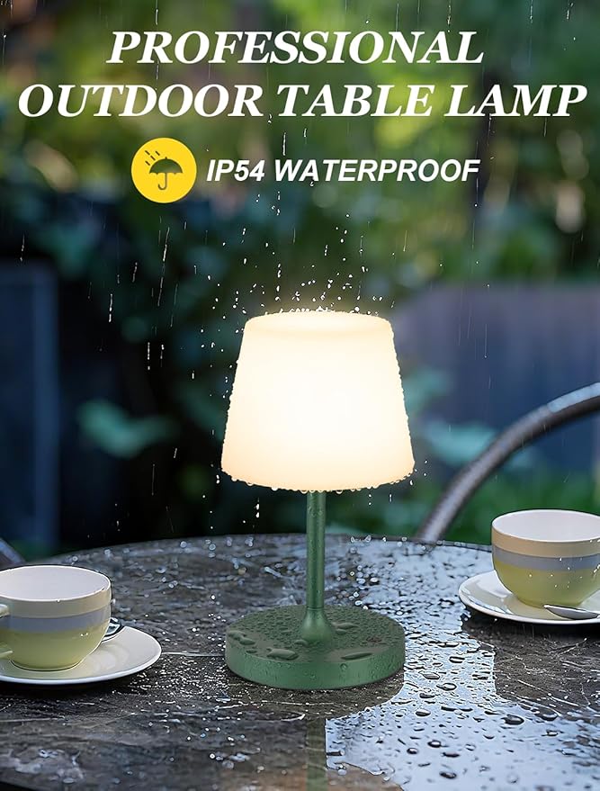 Kakanuo Green Cordless Shower Lamp Waterproof, Rechargeable Cordless Lamp with 4000mAh Battery, Touch Dimmable Table Lamp for Outdoor, Kitchen, Bathroom, Camping, Patio, IP54