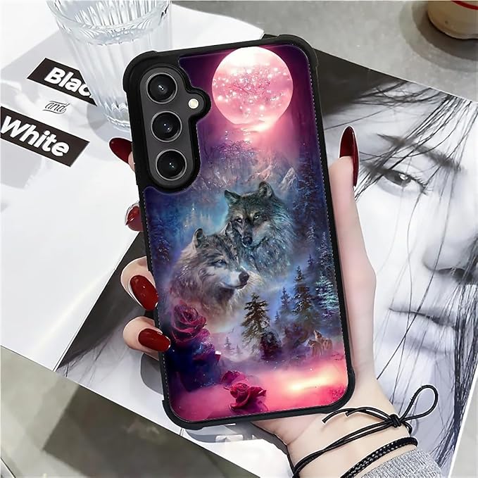 for Samsung Galaxy S23 FE Case, Star Two Wolfs Howling Pattern Graphic Design Girl Boy Soft Silicone Hard Acrylic Shock Protection for Samsung Galaxy S23 FE