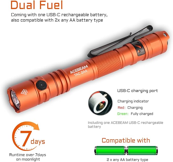 ACEBEAM TAC 2AA EDC Tactical Dual Modes Flashlight Rechargeable, 1600 High Lumens Flashlight, Dual Switch Pocket LED Flashlight, Super Bright Small Flash Light for Emergency, Camping, Home
