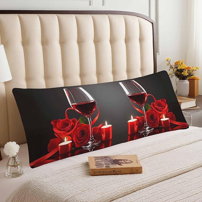 Decorative Home Body Pillow Covers Wine, Red Wine Rose Breathable Pillow Cushion Cases Lumbar Body Pillow Cover Soft Body Pillowcase for Bedroom Couch Sofa 20x54 Inch