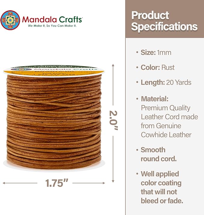 Mandala Crafts Round Cowhide Genuine Rust Leather Cord for Jewelry Making Kumihimo Leather Rope Spool - Rust String Lace - 20 Yds 1mm Cording