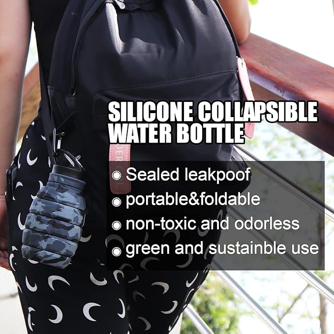 Collapsible Travel Water Bottle19.6 oz, Reuseable Silicone Foldable Water Bottles for School, Office, Gym, Camping,Hiking,Portable Leak Proof Sports Water Bottle with Carabiner (Dark gray camouflage)