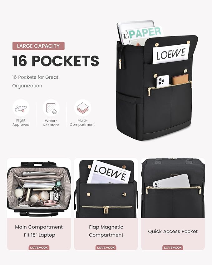 LOVEVOOK 18 Inch Laptop Backpack for Women, Large Capacity Travel Backpack with Organizer Bag, Waterproof Carry on Backpack Purse Work Bag with USB Port for College Teacher Nurse, 2PCS