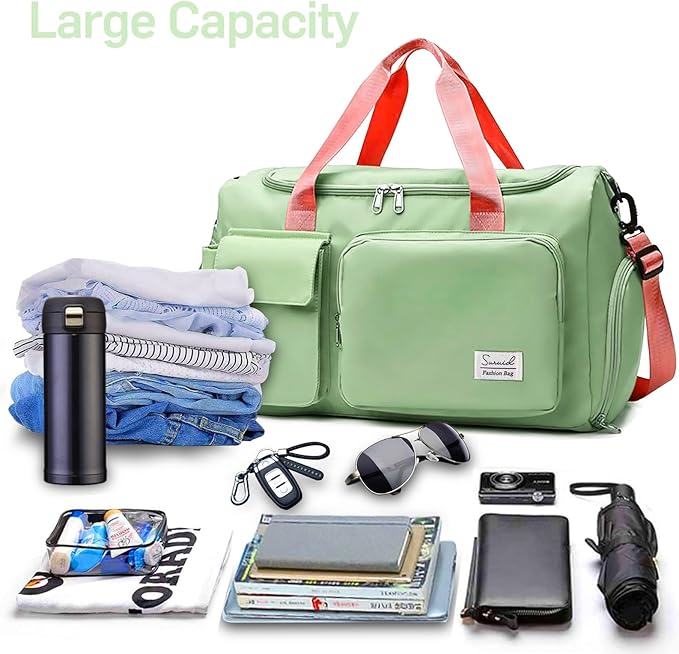 Suruid Travel Duffel Bag with Shoes Compartment Sports Gym Bag with Dry Wet Separated Pocket for Men and Women, Overnight Bag Weekender Bag Training Handbag Yoga Bag - Bright Green Pink