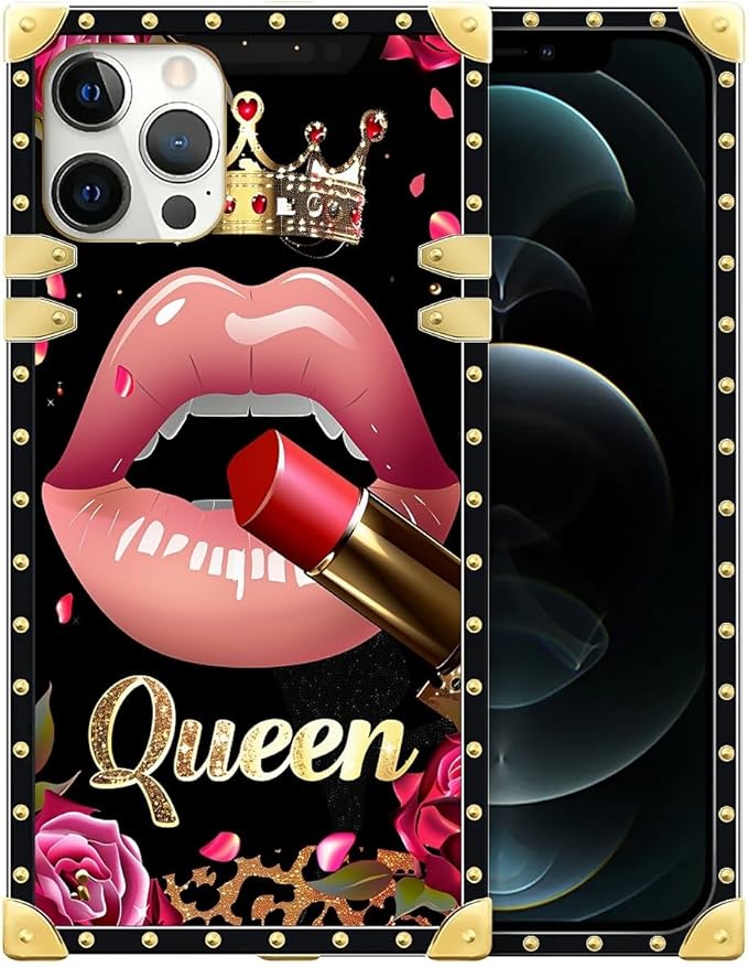 Compatible with iPhone 12 Pro Max Case, Glitter Red Rose Queen Leopard Lipstick Luxury Golden Decoration for Girl Women Soft TPU Shockproof Protective Hard PC Back