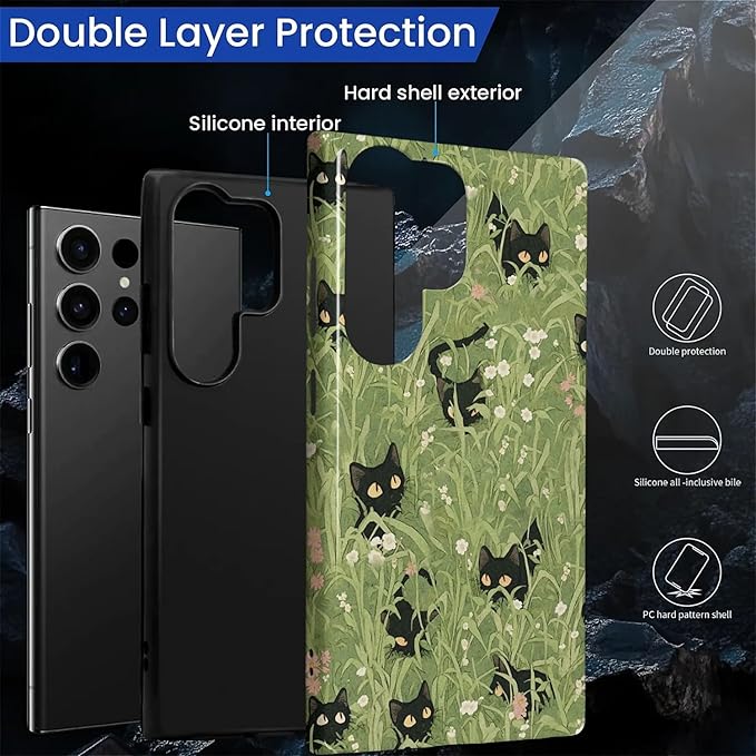 for Samsung Galaxy S24 Ultra Case,HL2 Grass Cat Hybrid 2 Layer Hard Shell Silicone Protective Pattern Design Case