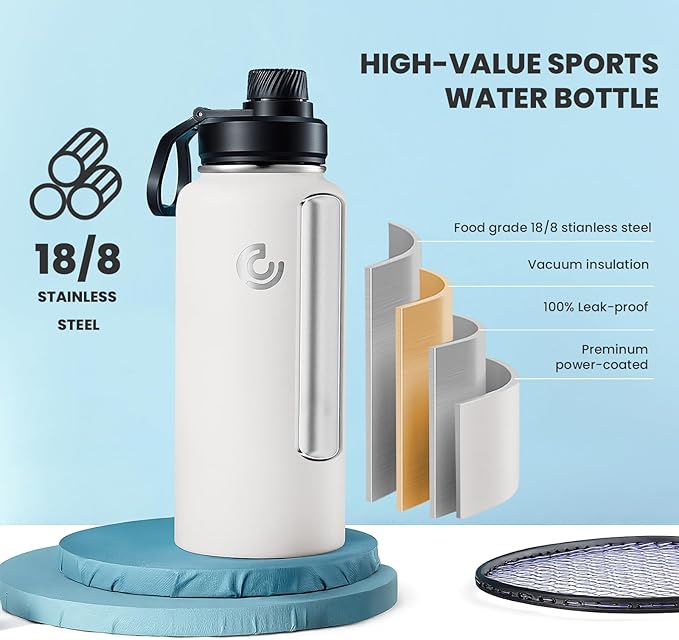 Sports Water Bottle 32oz, Insulated Water Bottle with Handle,Stainless Steel,Simple Modern,Suitable for Travel, School, Boy, Girl(White)