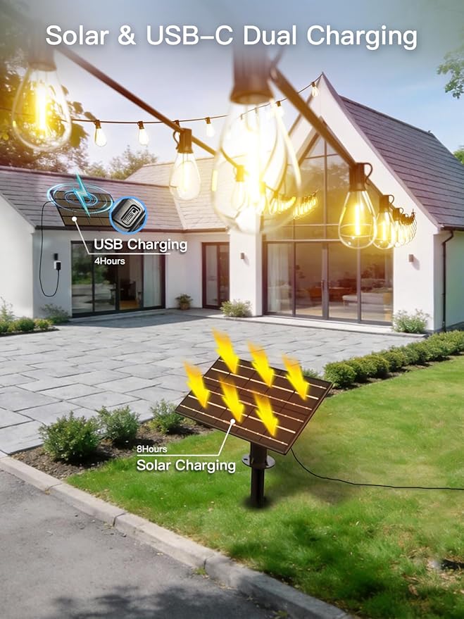 100FT Solar String Lights Outdoor Waterproof, 35+1 LED Solar Powered Lights with Remote Control, 3 Light Modes & Dimmable, USB-C Charging for Patio, Backyard, Garden, Camping